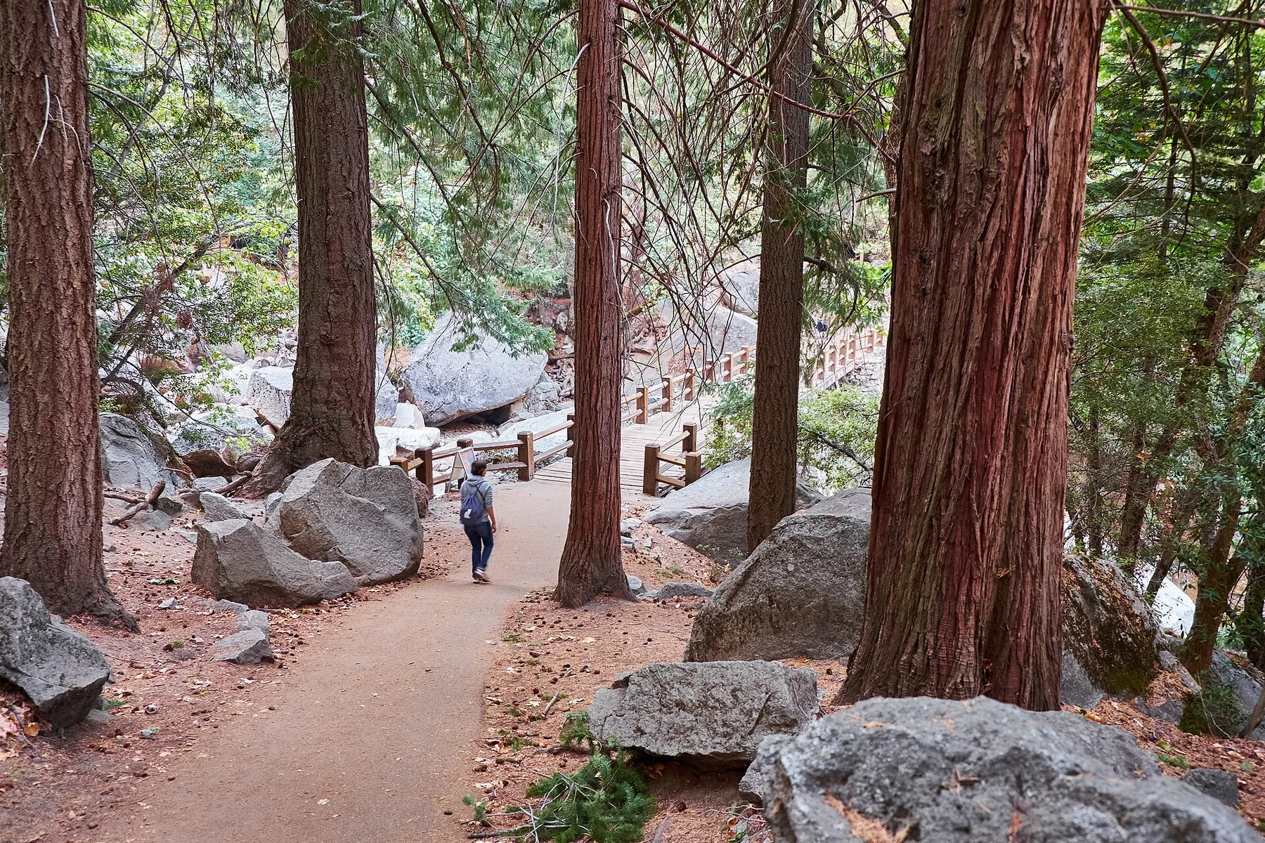 The Vernal Fall Footbridge crossing the Merced River below the waterfall