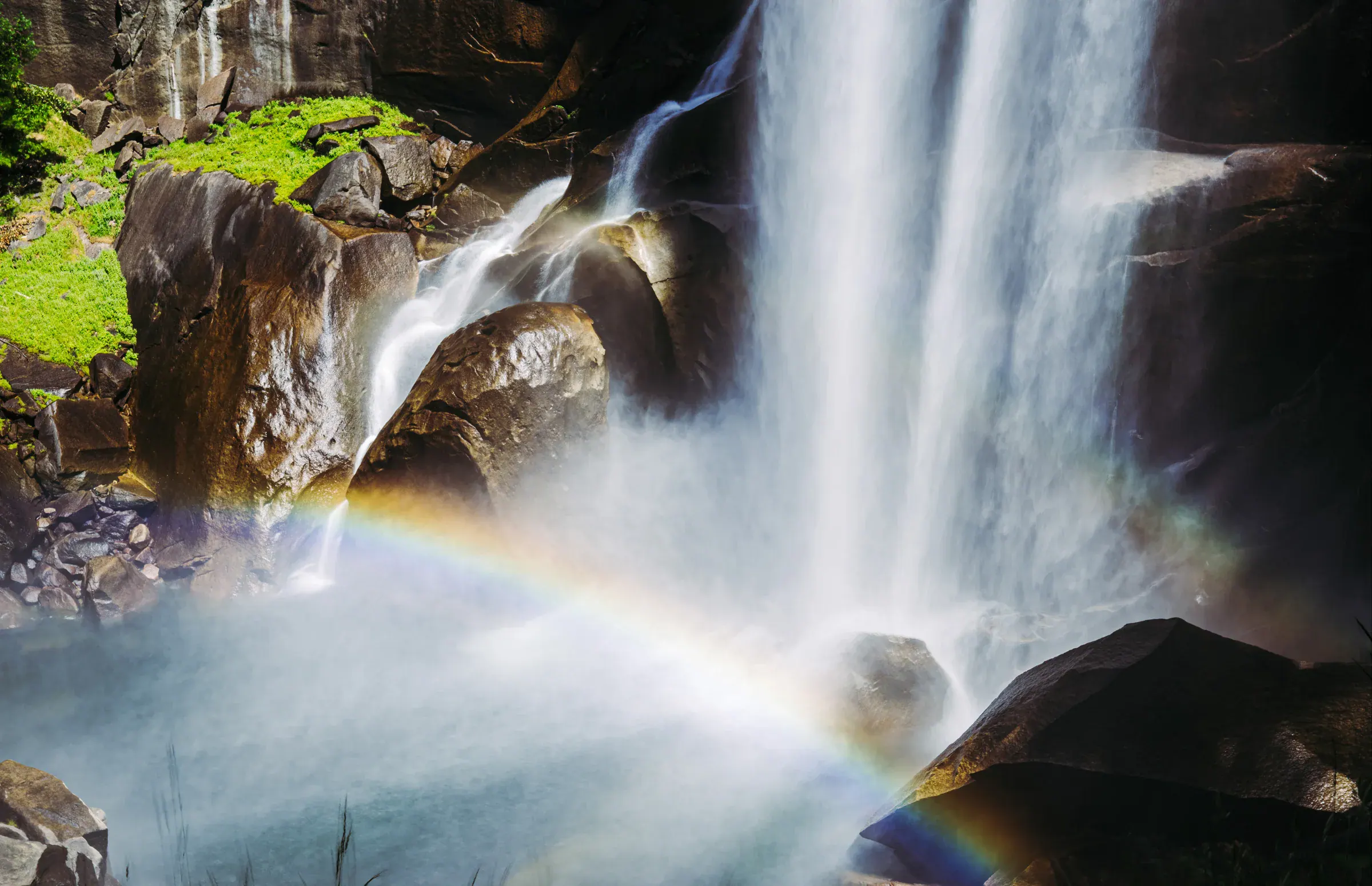 Vernal Fall dropping over granite above the Mist Trail