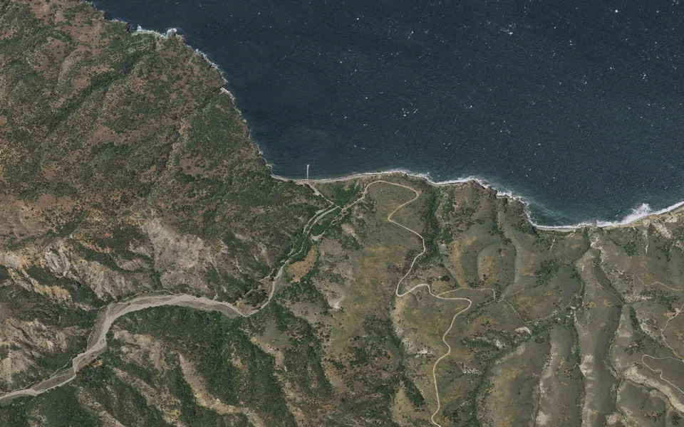 Aerial view centered on Santa Cruz Island Prisoners Harbor