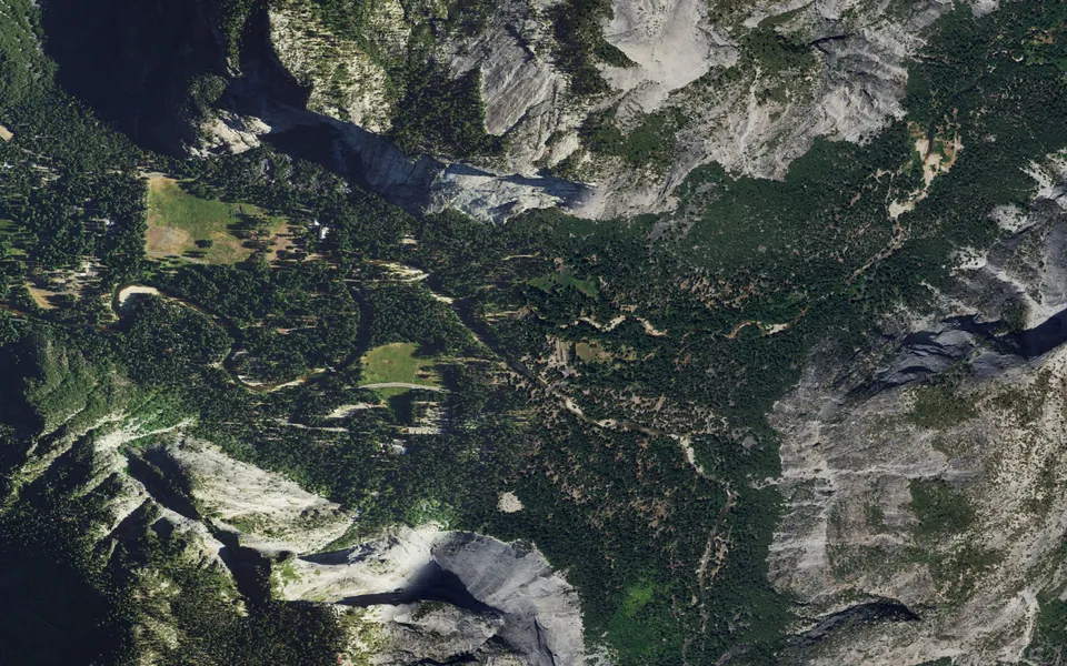 Aerial view centered on North Pines Campground