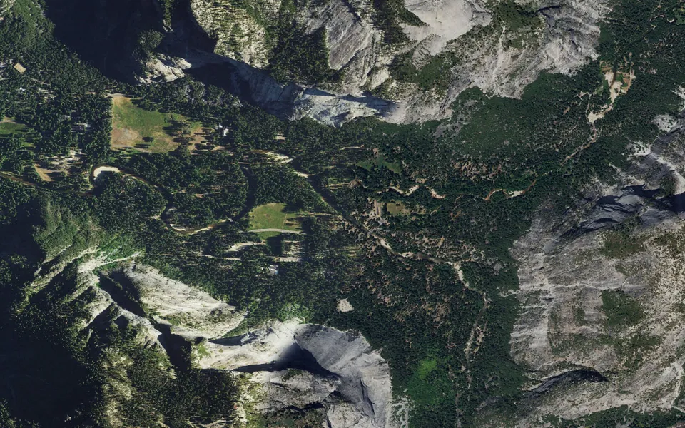 Aerial view centered on Lower Pines Campground