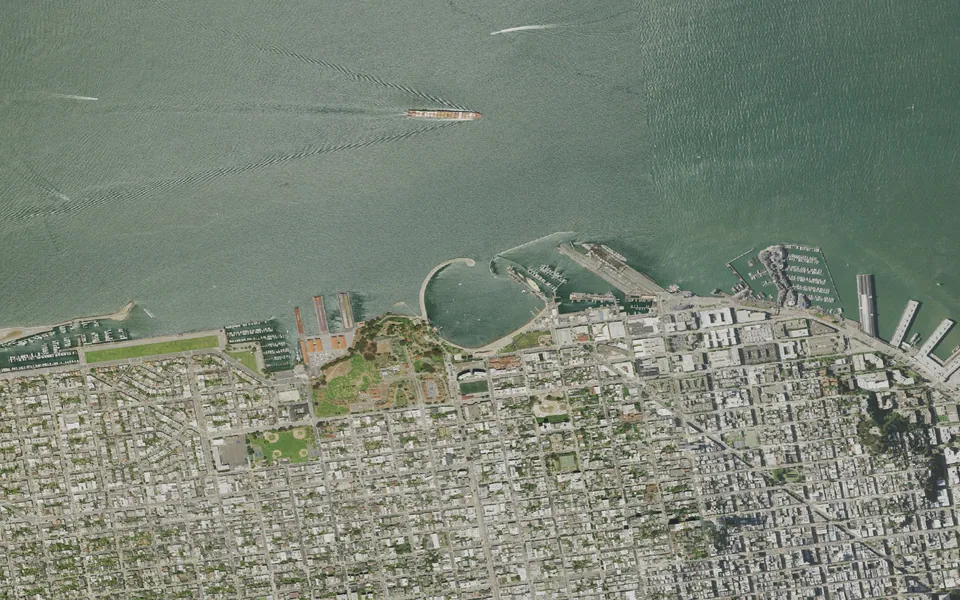 Aerial view centered on Aquatic Park Cove, Black Point Overnight Anchoring, Sailing Vessels only (auxiliary engine OK)