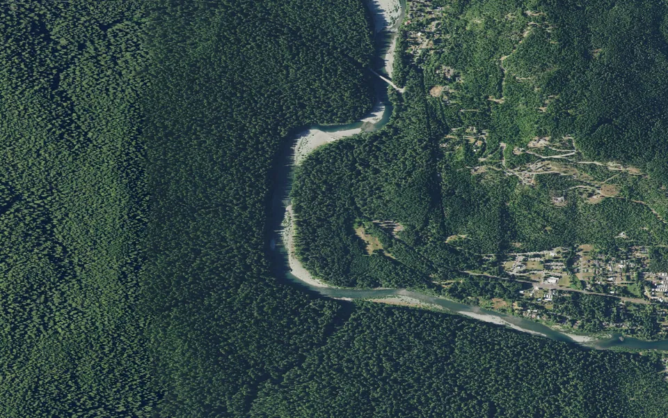 Aerial view centered on Jedediah Smith Redwoods Campground