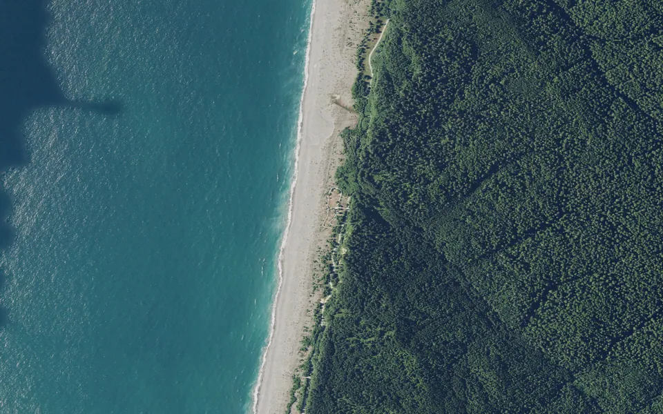 Aerial view centered on Gold Bluffs Beach Campground