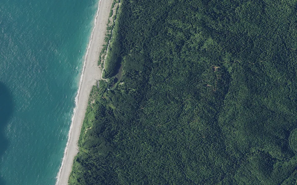Aerial view centered on Gold Bluffs Environmental Camp