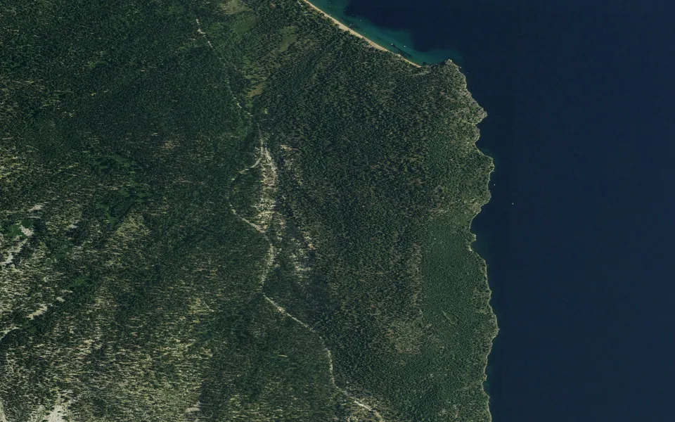 Aerial view centered on D. L. Bliss Campground