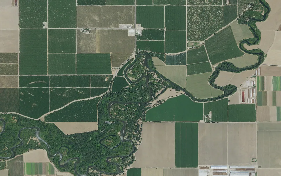 Aerial view centered on Salmon Bend Camp Beach