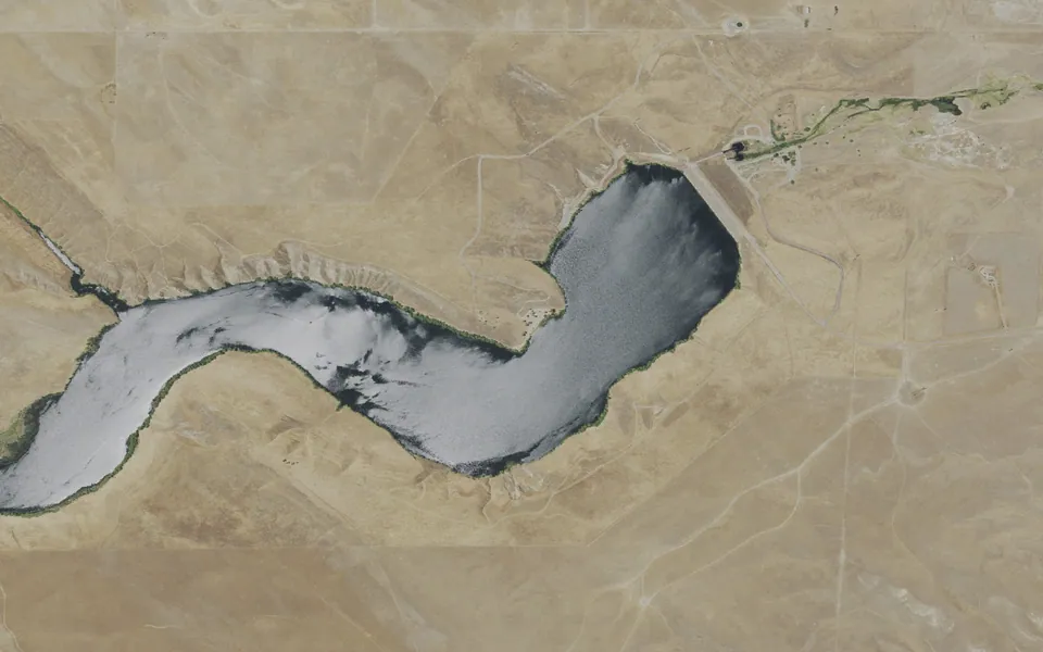 Aerial view centered on Los Banos Campground