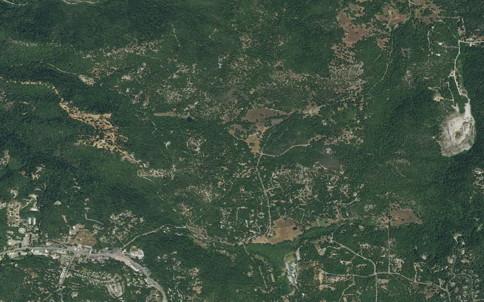 Aerial view centered on Indian Grinding Rocks Campground