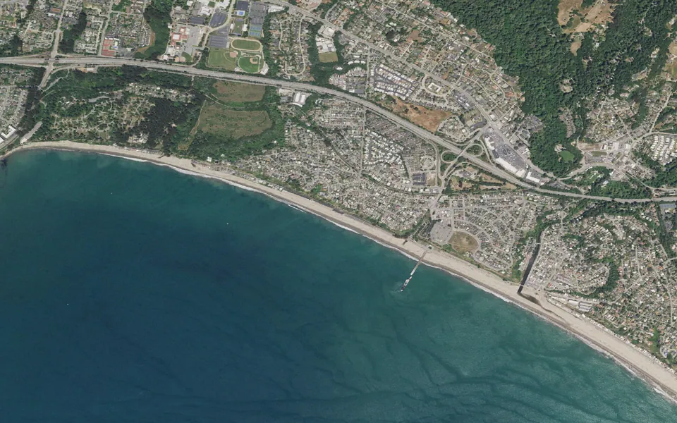 Aerial view centered on Seacliff Beachfront Campground