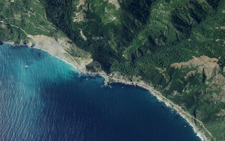 Aerial view centered on Beach, Lower Creek and Redwood Loops