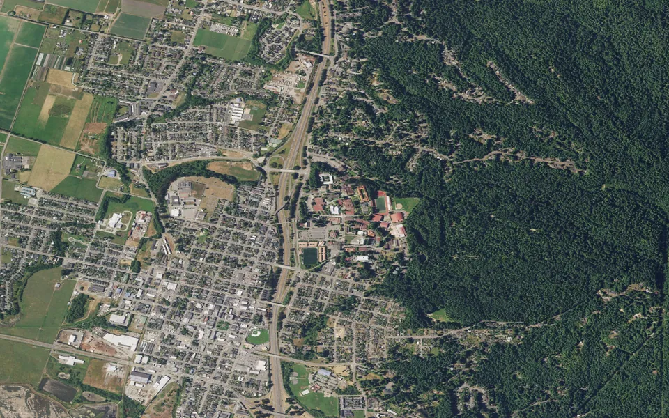 Aerial view centered on Swimmers Delight and Pamplin Grove Campground