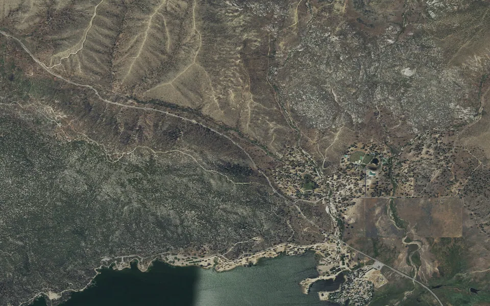 Aerial view centered on Hurkey Creek Regional Park Campground