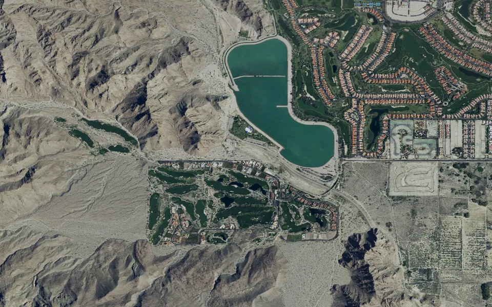 Aerial view centered on Lake Cahuilla Veterans Regional Park Campground