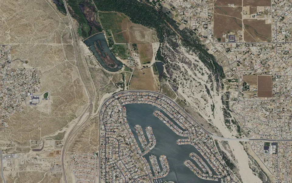 Aerial view centered on Mojave Narrows Regional Park Campground