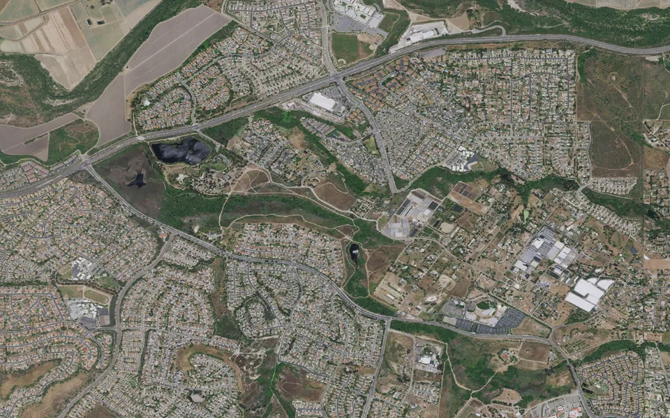 Aerial view centered on Guajome Regional Park Campground