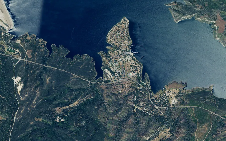 Aerial view centered on Cachuma Lake Recreation Area Campground