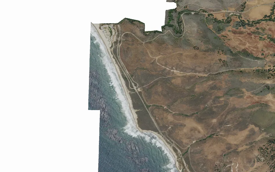 Aerial view centered on Jalama Beach County Park Campground