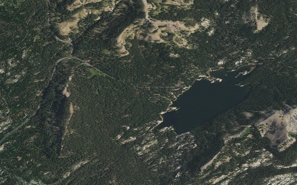 Aerial view centered on Lake Alpine — West Shore