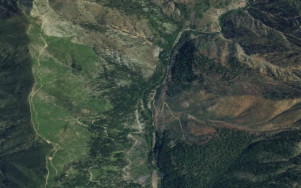 Aerial view centered on North Fork Campground (Plumas)
