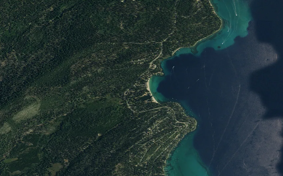 Aerial view centered on Meeks Bay Resort