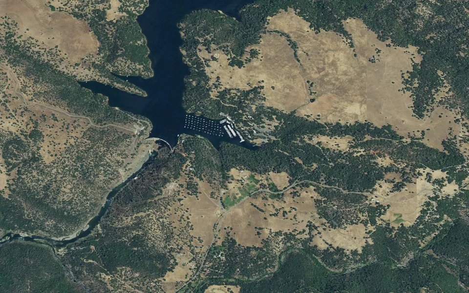Aerial view centered on Englebright Lake Boat-In Campground