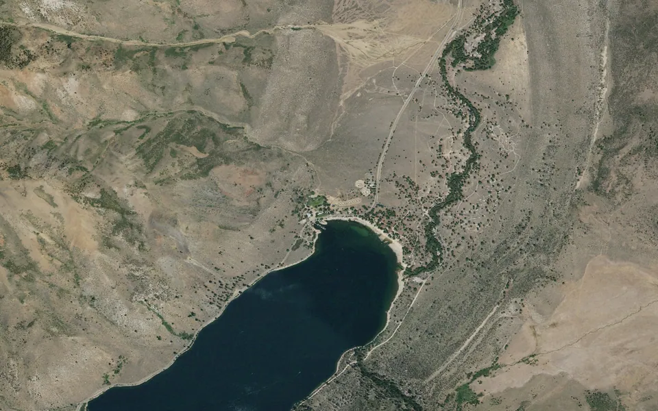 Aerial view centered on Lower Twin Lakes at Bridgeport