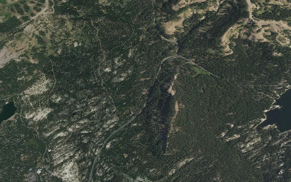 Aerial view centered on Lake Alpine — Lodgepole Campground