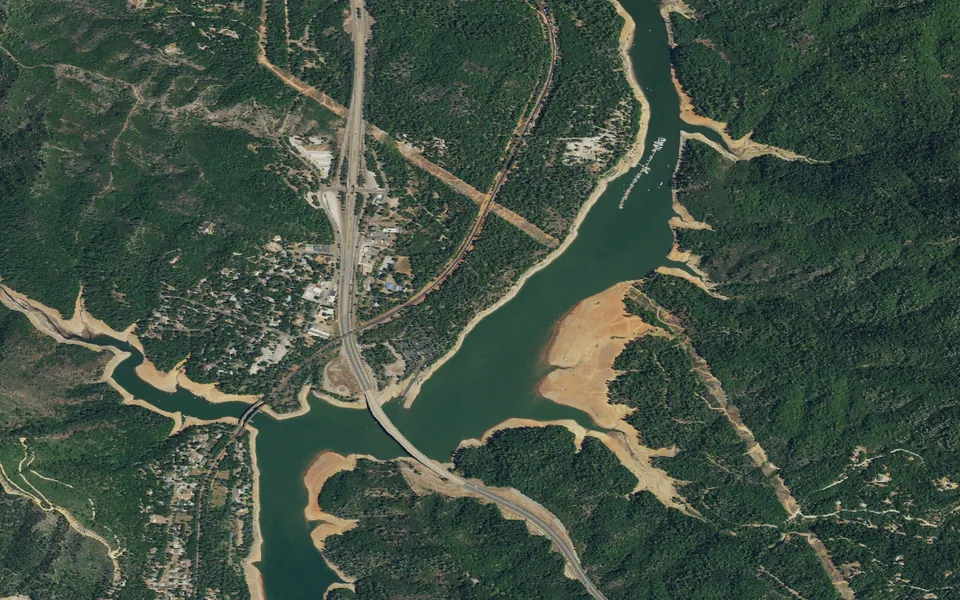 Aerial view centered on Antlers (Shasta Lake, CA)