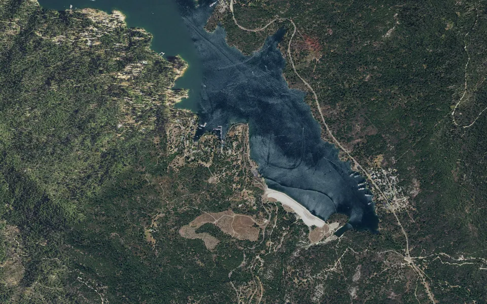 Aerial view centered on Wishon Bass Lake