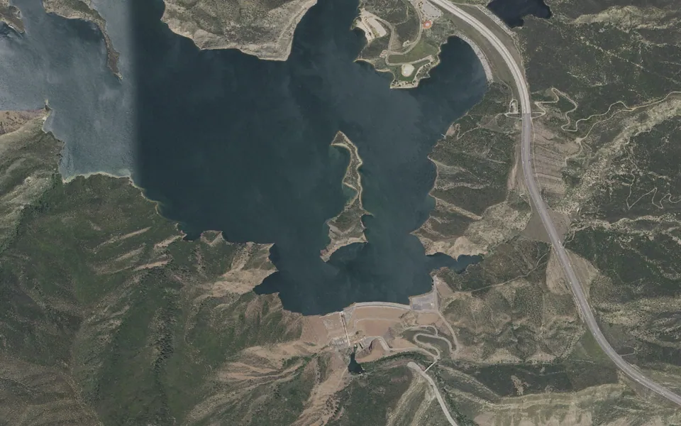 Aerial view centered on Pyramid Lake - Los Alamos Campground