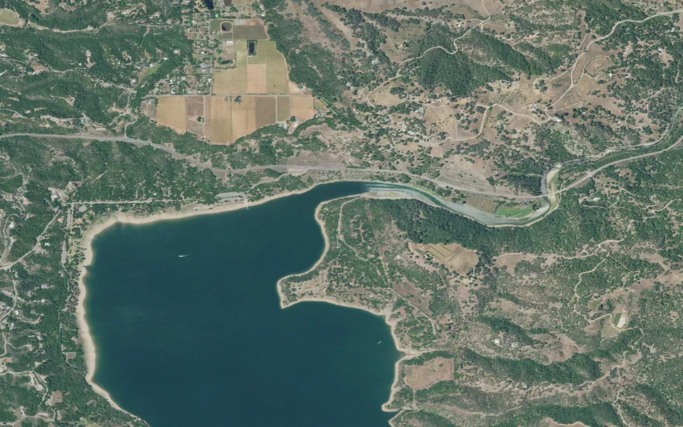 Aerial view centered on Bushay Recreation Area