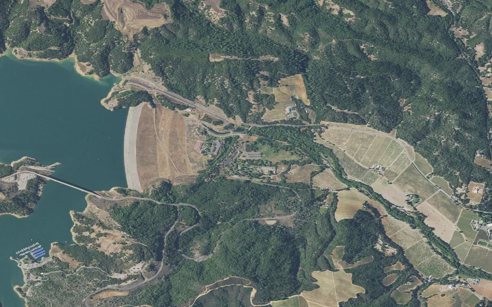 Aerial view centered on Warm Springs Rec Area