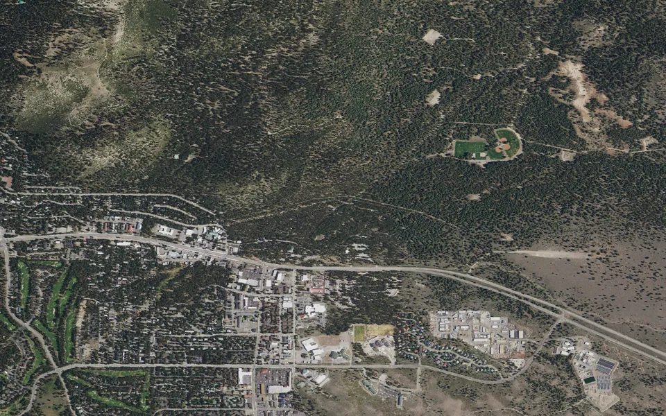 Aerial view centered on Old Shady Rest Campground