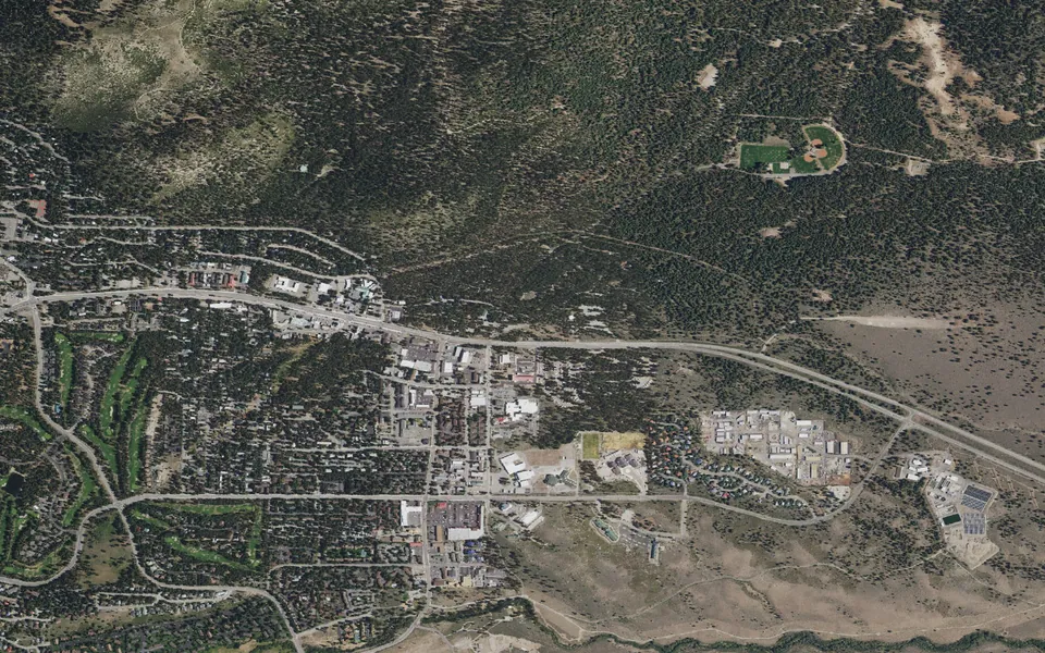Aerial view centered on New Shady Rest Campground