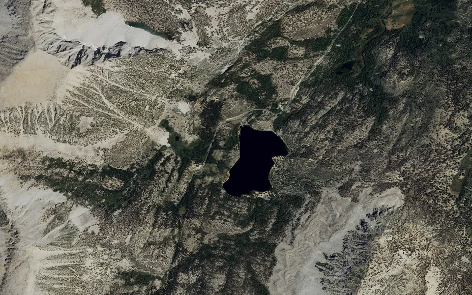 Aerial view centered on Rock Creek Lake (Inyo National Forest, CA)