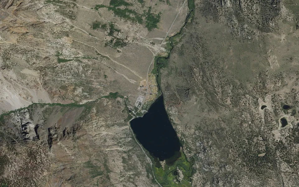 Aerial view centered on Silver Lake Campground June Lake (CA)