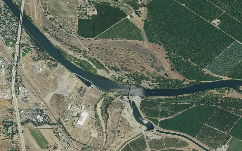 Aerial view centered on Sycamore Grove (Red Bluff) Campground