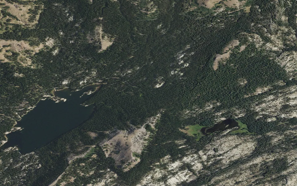 Aerial view centered on Lake Alpine — Silver Valley Campground