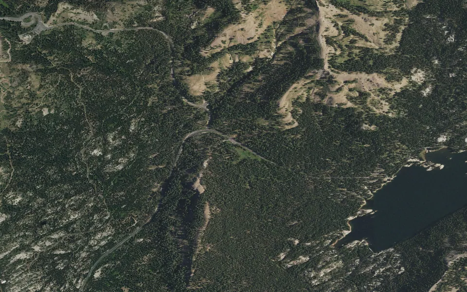 Aerial view centered on Lake Alpine — Silver Tip Campground