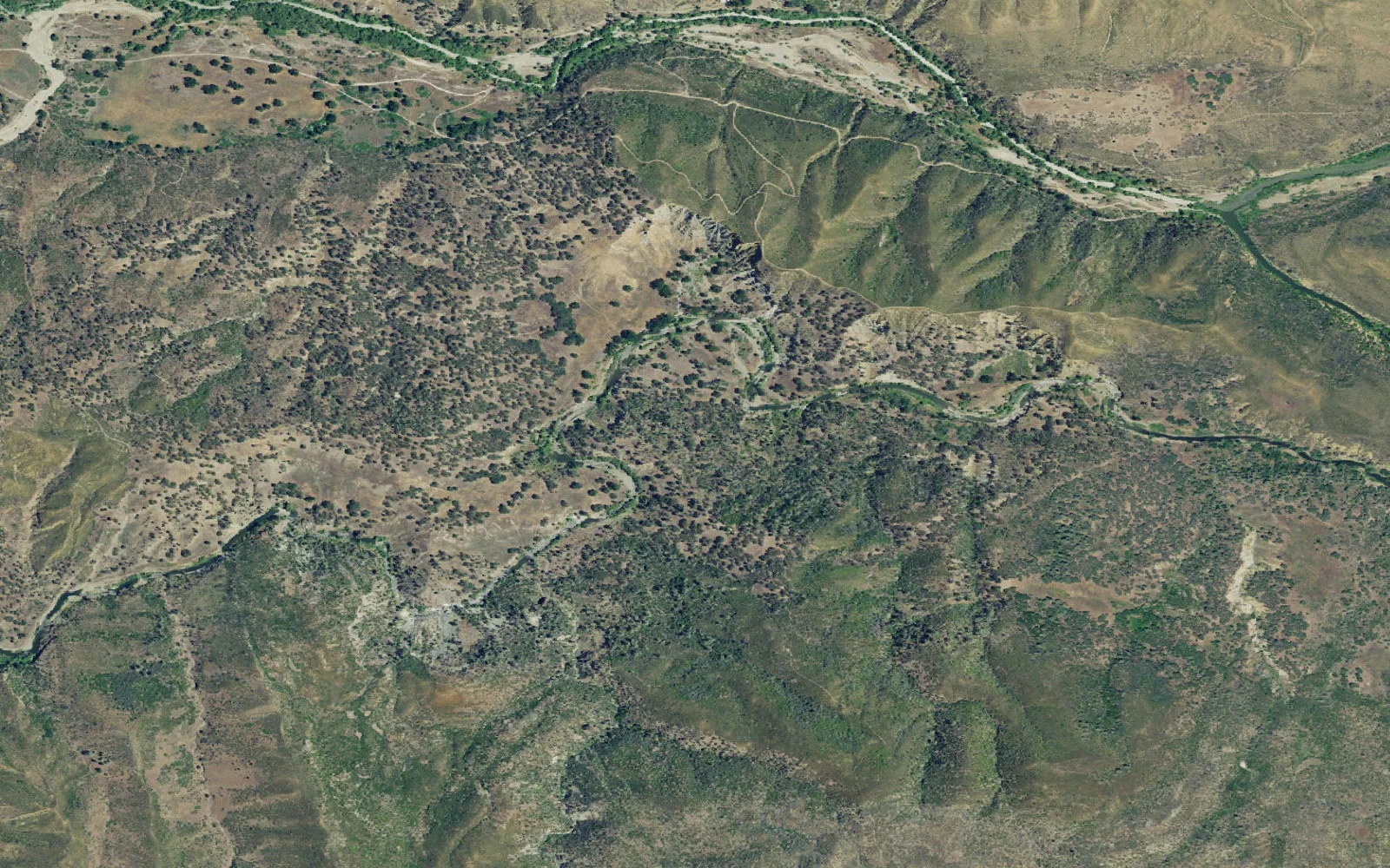 Aerial view centered on Cache Creek Wilderness dispersed-camping corridor camp area