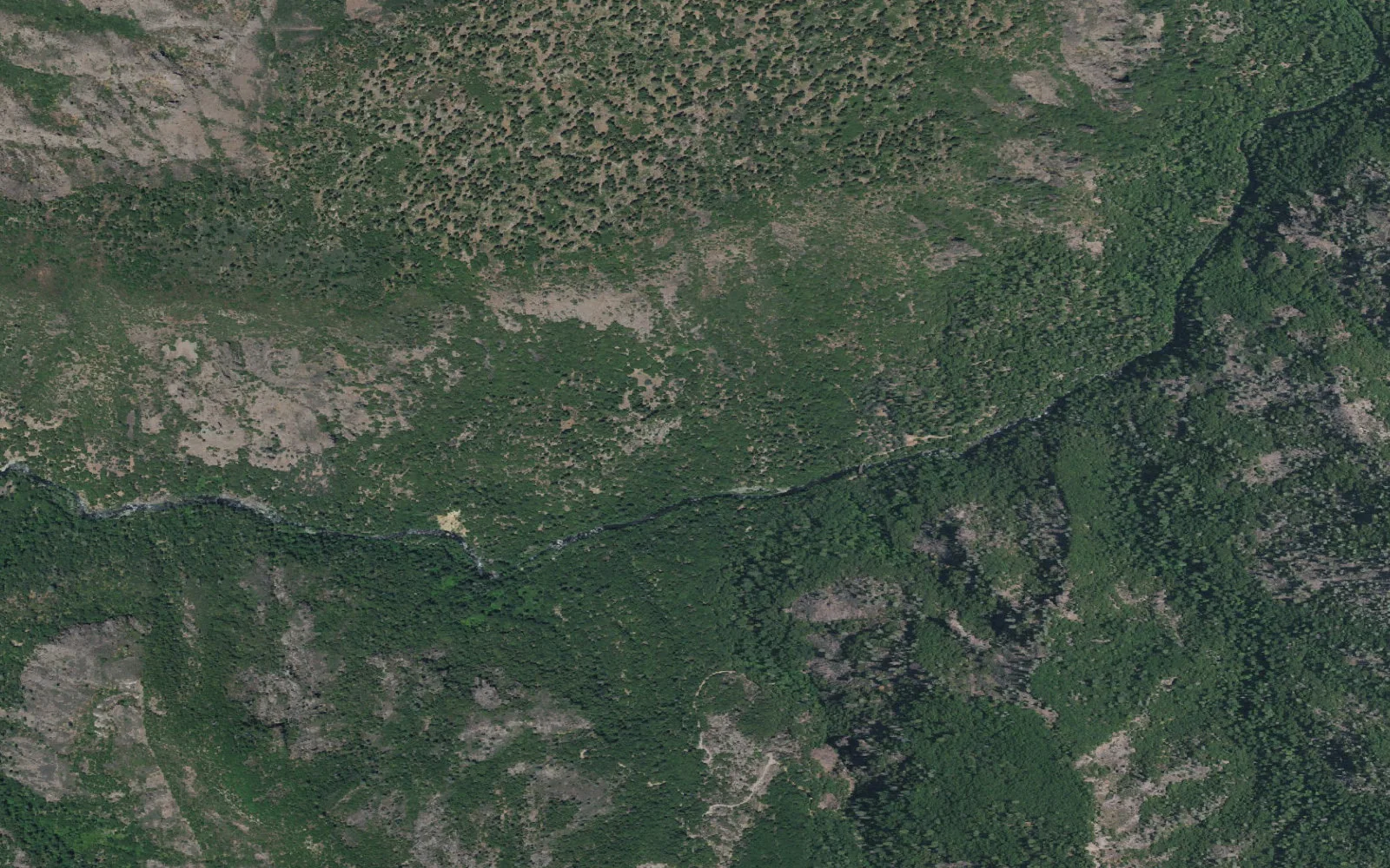 Aerial view centered on Deer Creek Primitive Camp Area camp area