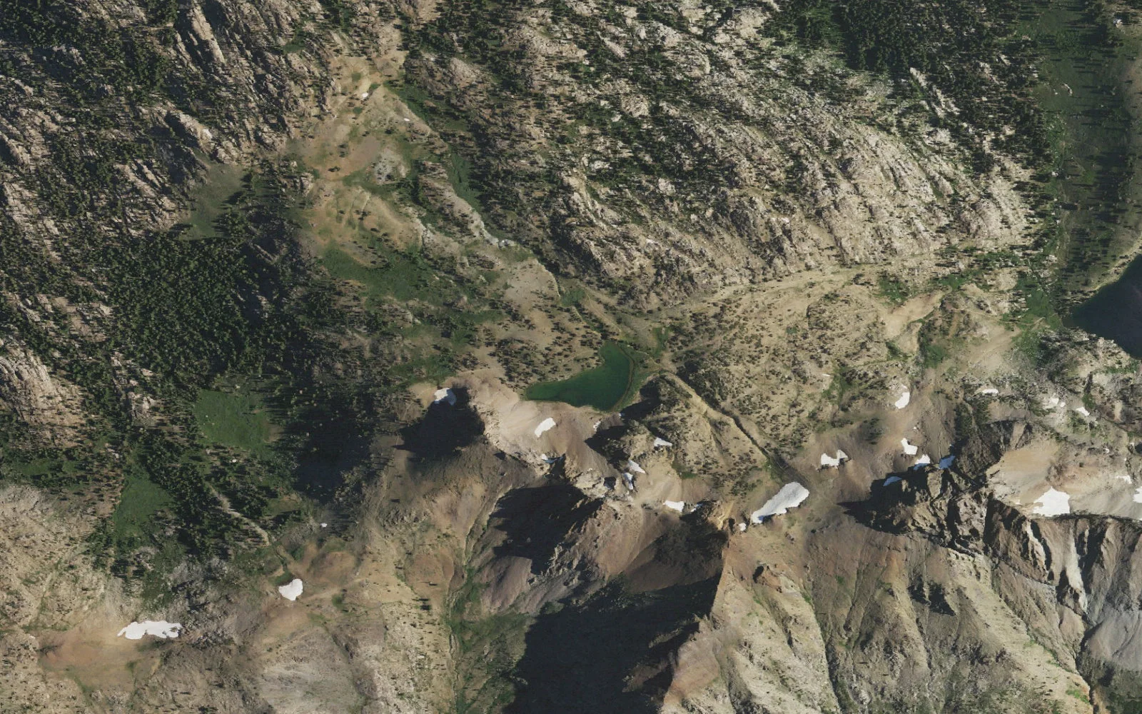 Aerial view centered on Round Top Lake camp area