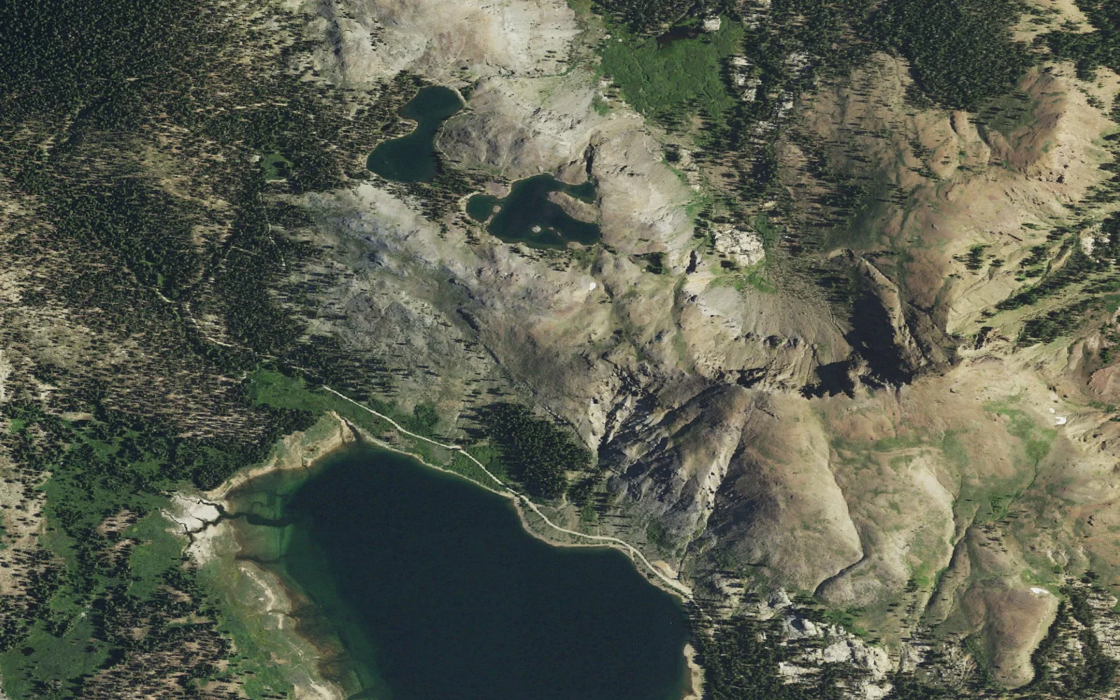 Aerial view centered on Upper Blue Lake camp area