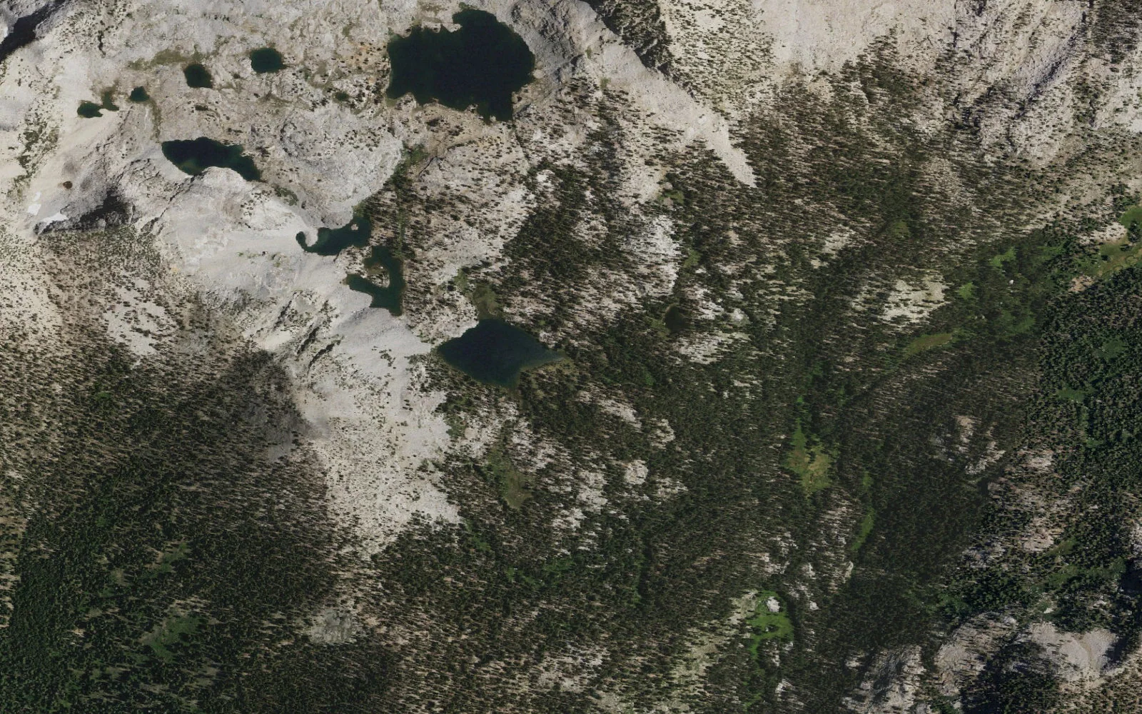 Aerial view centered on Graveyard Lakes camp area