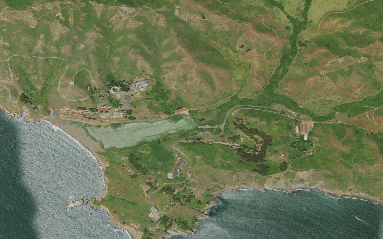 Aerial view centered on Marin Headlands Hawk Camp Trailhead
