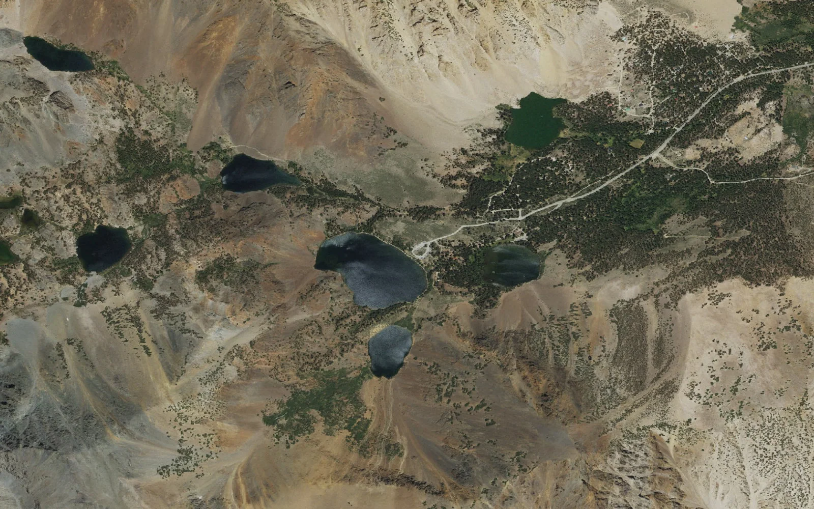 Aerial view centered on Virginia Lakes Trailhead