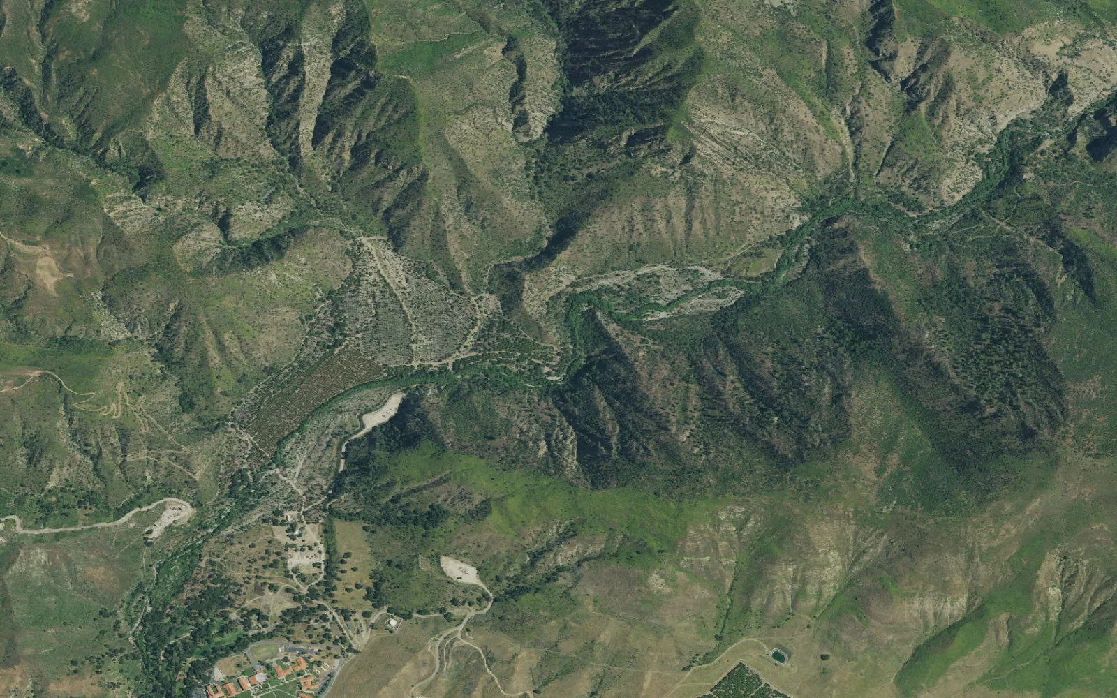 Aerial view centered on Santa Paula Canyon Trailhead