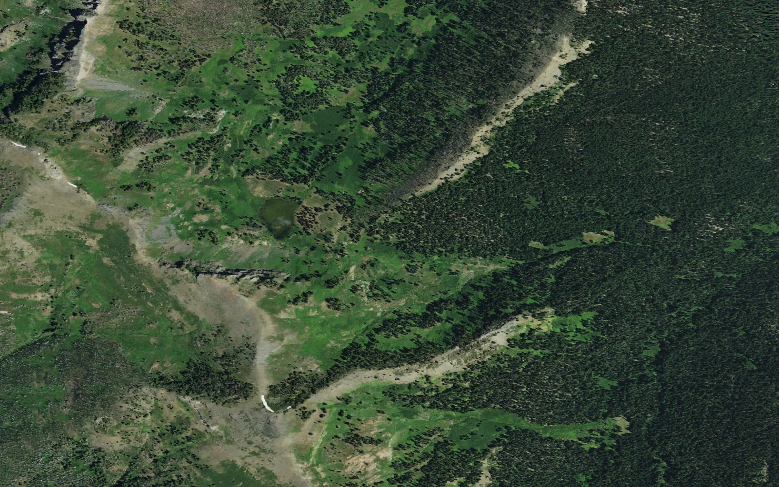 Aerial view centered on Paradise Lake camp area