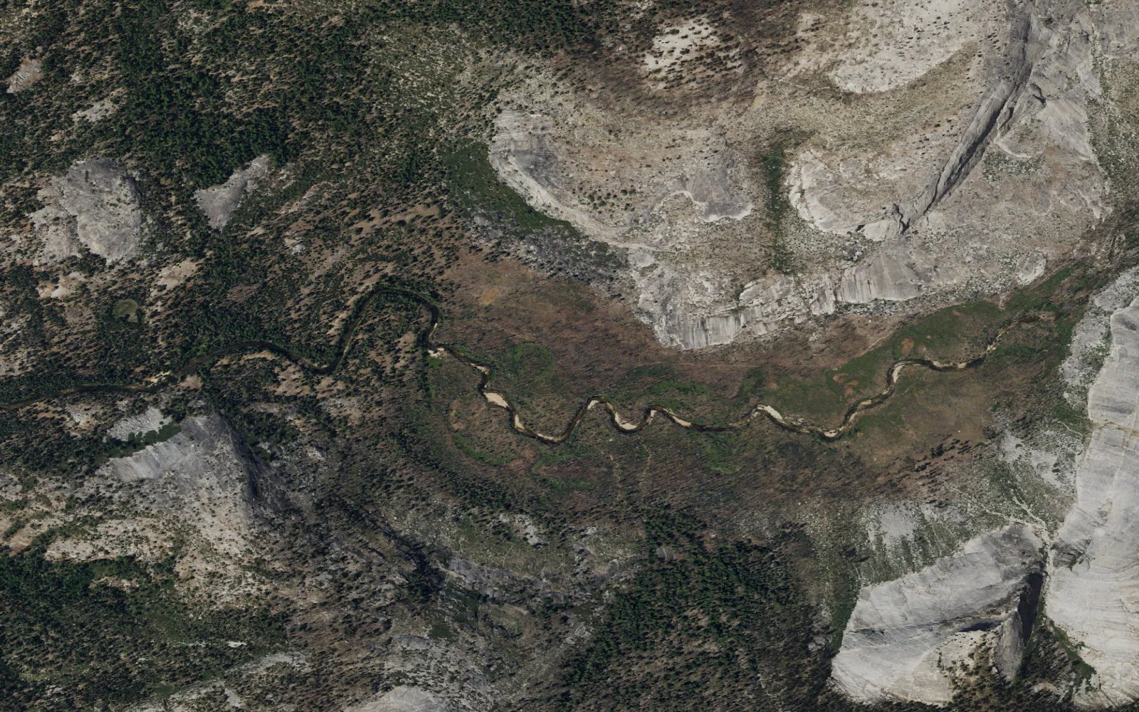 Aerial view centered on Little Yosemite Valley camp area